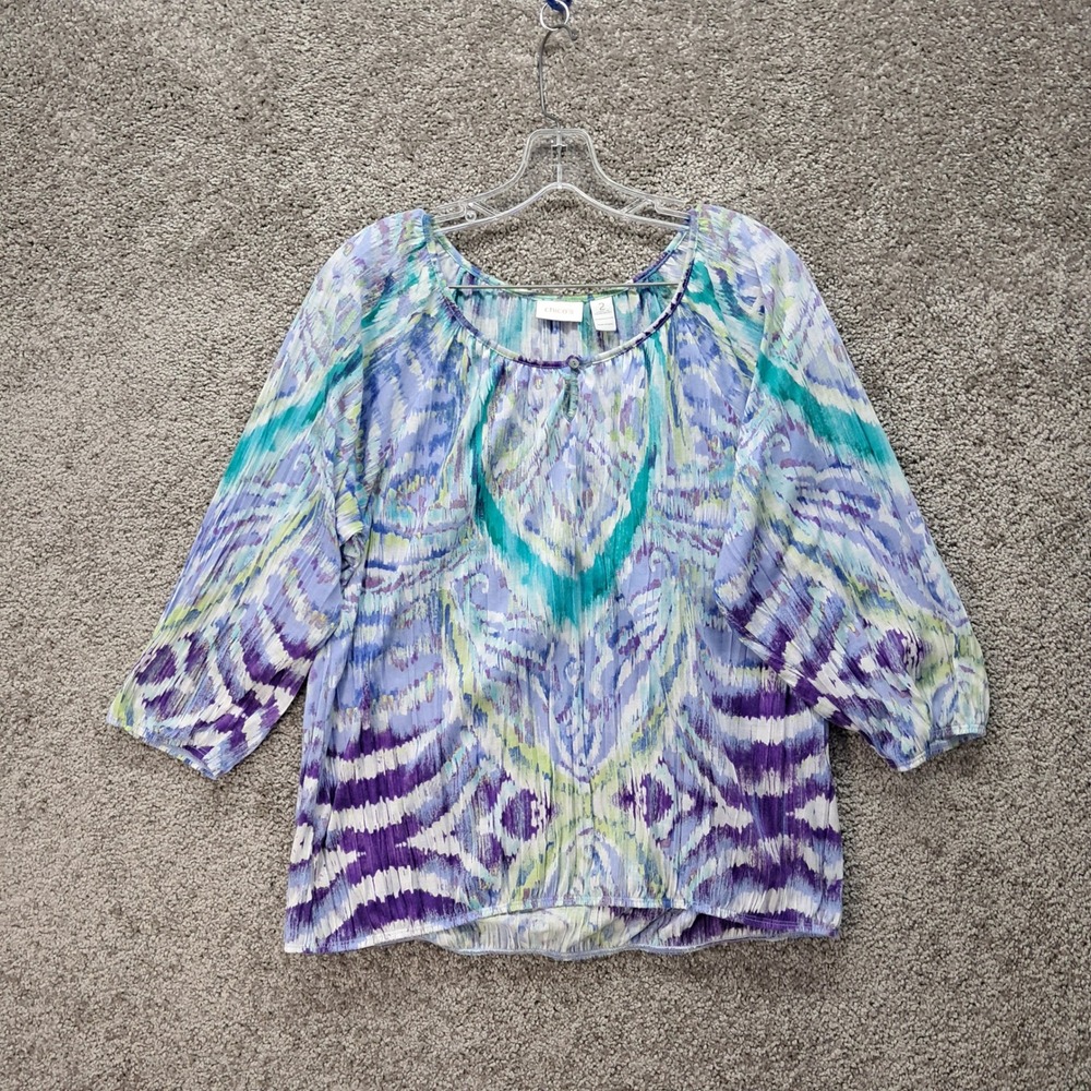 Chicos Abstract Ikat Print 3/4 Sleeve Blouse Purple Blue Teal Size 2 Large